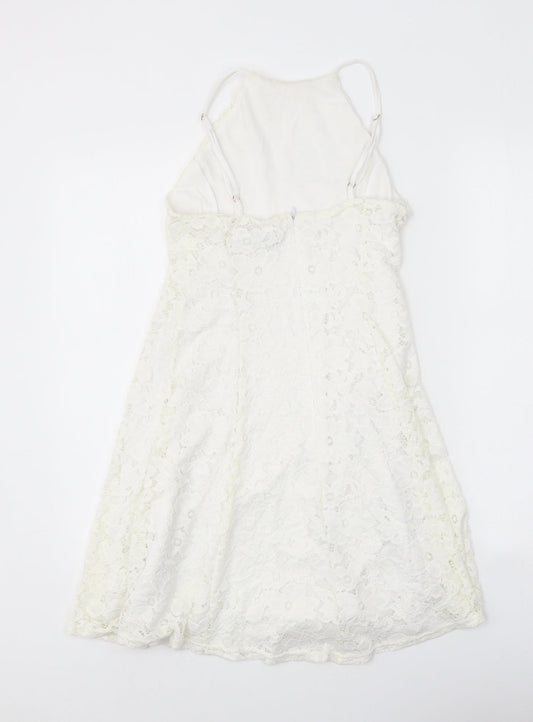 New Look Womens White Floral Nylon A-Line Size 8 Square Neck Zip - Lace Detail
