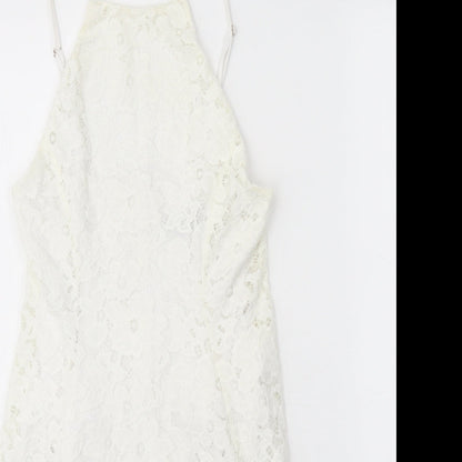 New Look Womens White Floral Nylon A-Line Size 8 Square Neck Zip - Lace Detail