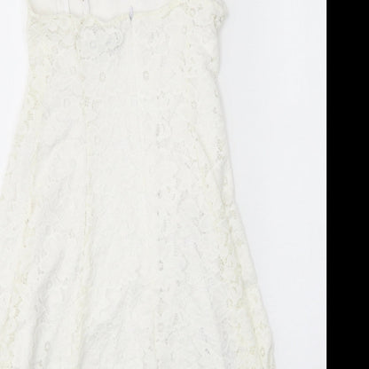 New Look Womens White Floral Nylon A-Line Size 8 Square Neck Zip - Lace Detail