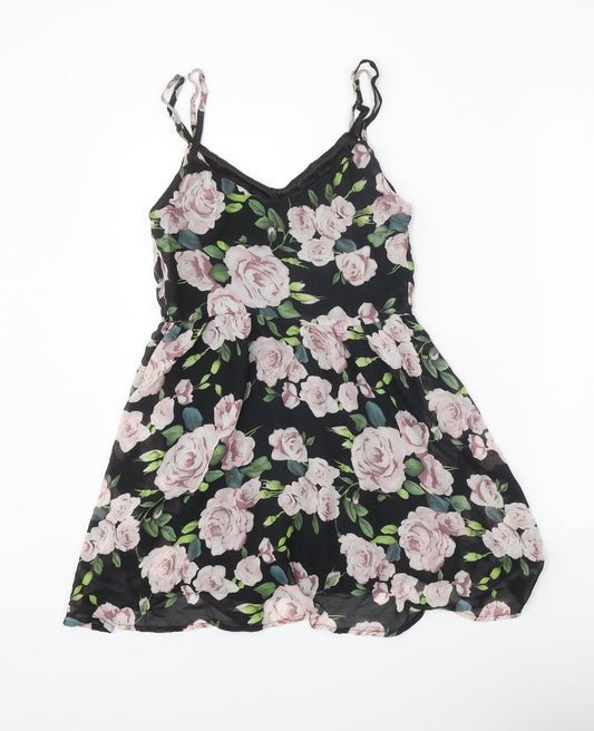 Boohoo Womens Black Floral Polyester A-Line Size 8 V-Neck Pullover