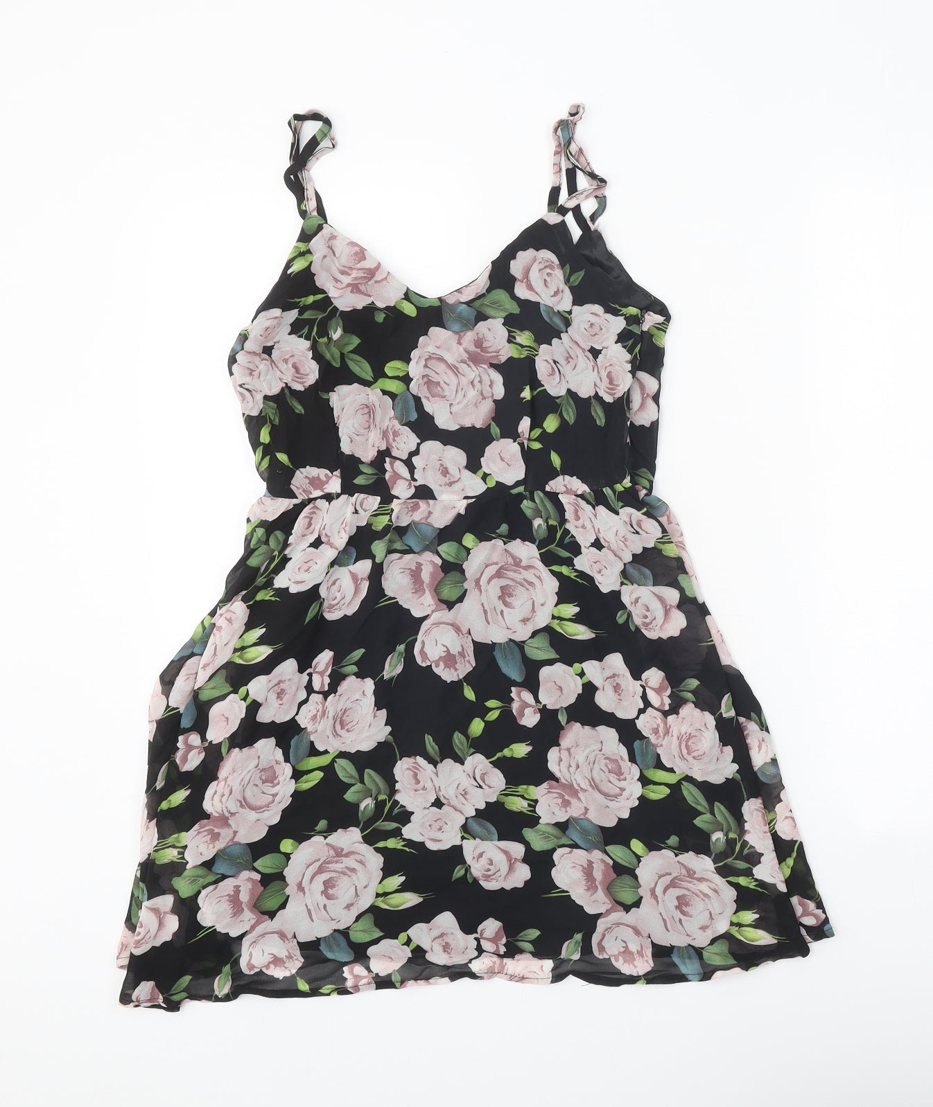 Boohoo Womens Black Floral Polyester A-Line Size 8 V-Neck Pullover