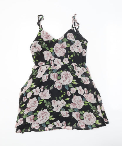 Boohoo Womens Black Floral Polyester A-Line Size 8 V-Neck Pullover