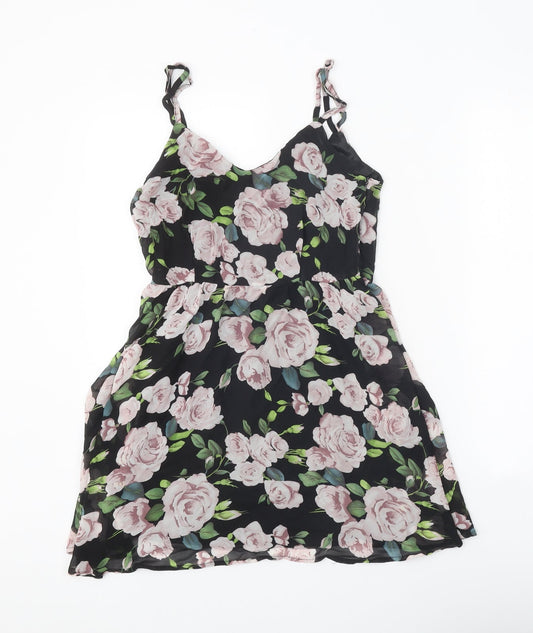 Boohoo Womens Black Floral Polyester A-Line Size 8 V-Neck Pullover