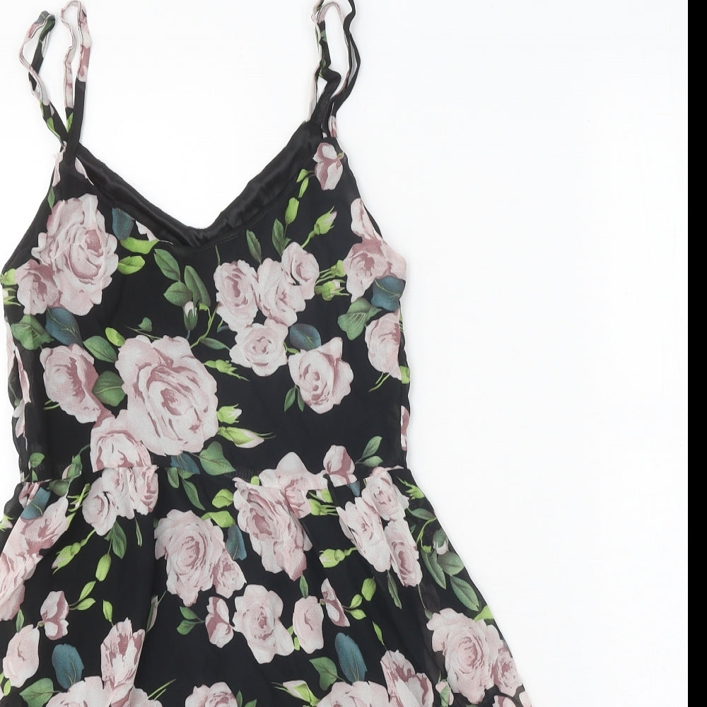 Boohoo Womens Black Floral Polyester A-Line Size 8 V-Neck Pullover