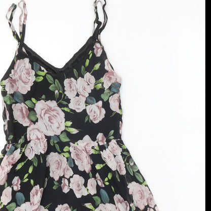 Boohoo Womens Black Floral Polyester A-Line Size 8 V-Neck Pullover