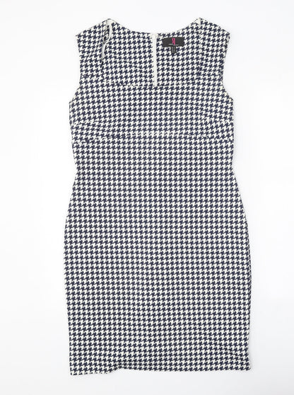 Simon Jeffrey Womens Blue Houndstooth Polyester Bodycon Size 12 Square Neck Zip