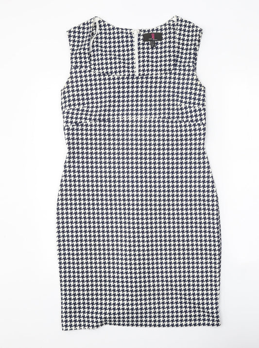 Simon Jeffrey Womens Blue Houndstooth Polyester Bodycon Size 12 Square Neck Zip