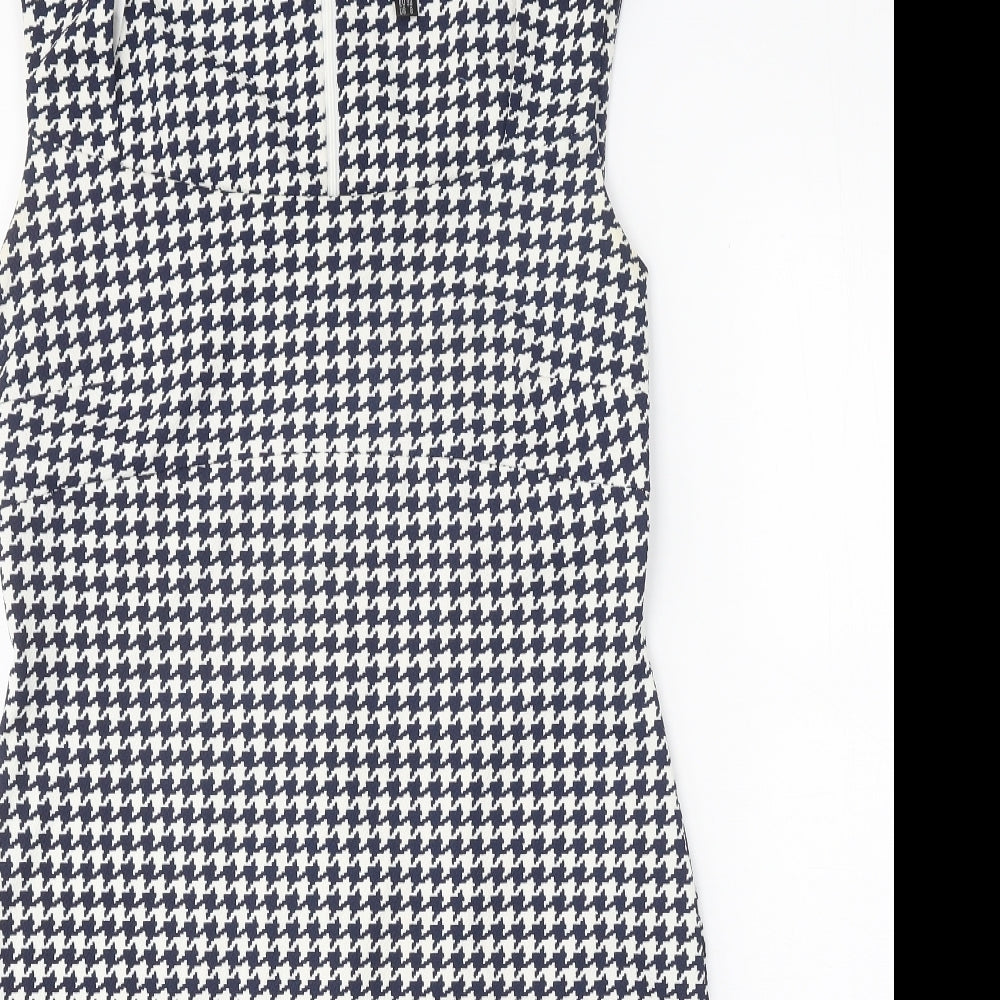 Simon Jeffrey Womens Blue Houndstooth Polyester Bodycon Size 12 Square Neck Zip
