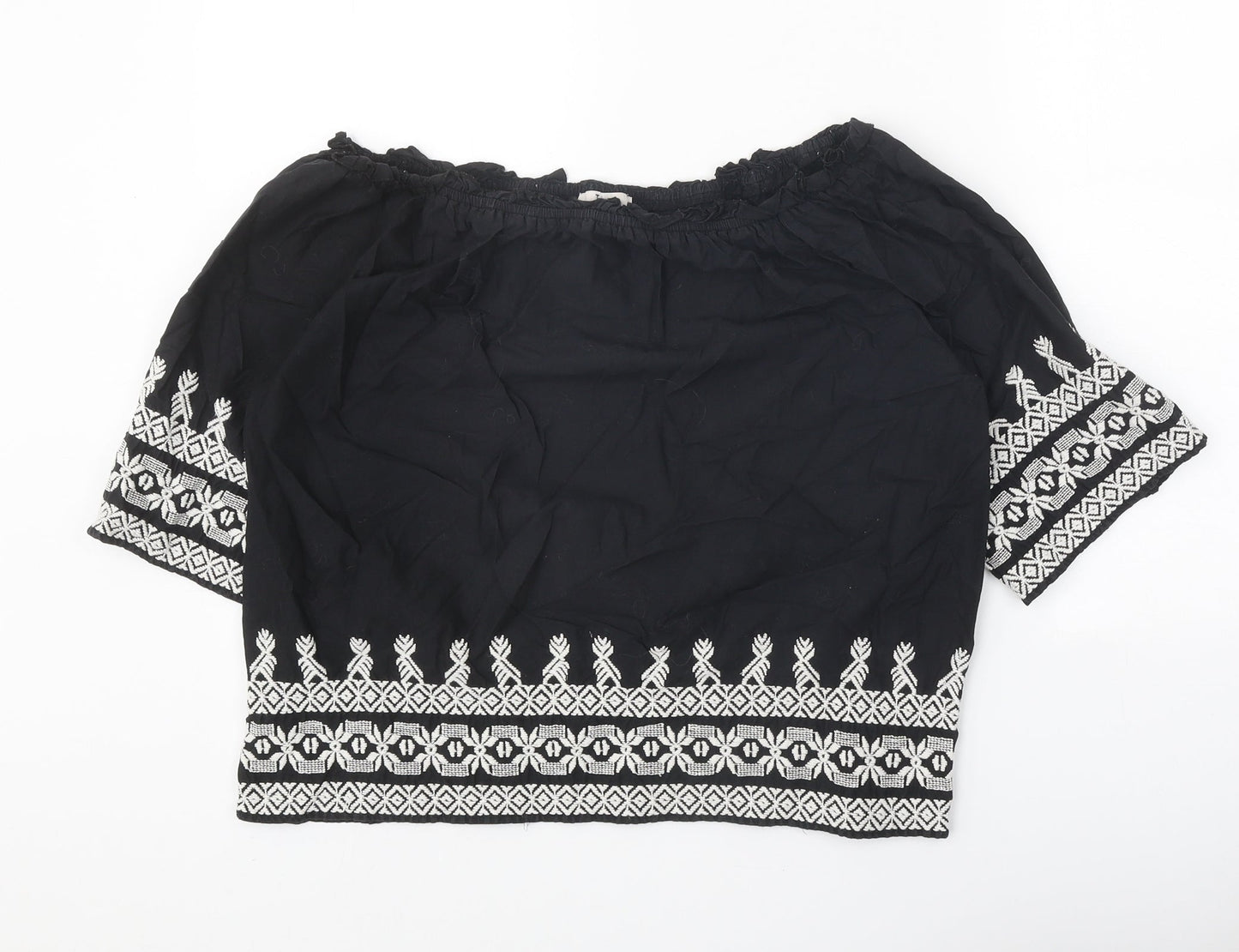 TU Womens Black Geometric 100% Cotton Cropped Blouse Size 12 Off the Shoulder - Bardot