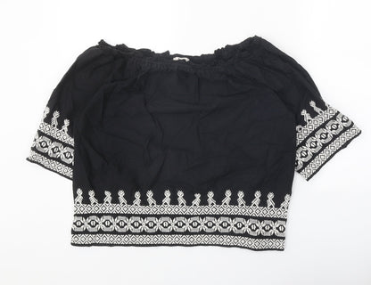 TU Womens Black Geometric 100% Cotton Cropped Blouse Size 12 Off the Shoulder - Bardot