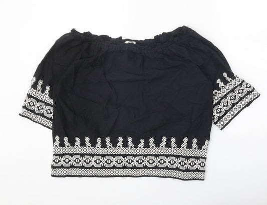 TU Womens Black Geometric 100% Cotton Cropped Blouse Size 12 Off the Shoulder - Bardot