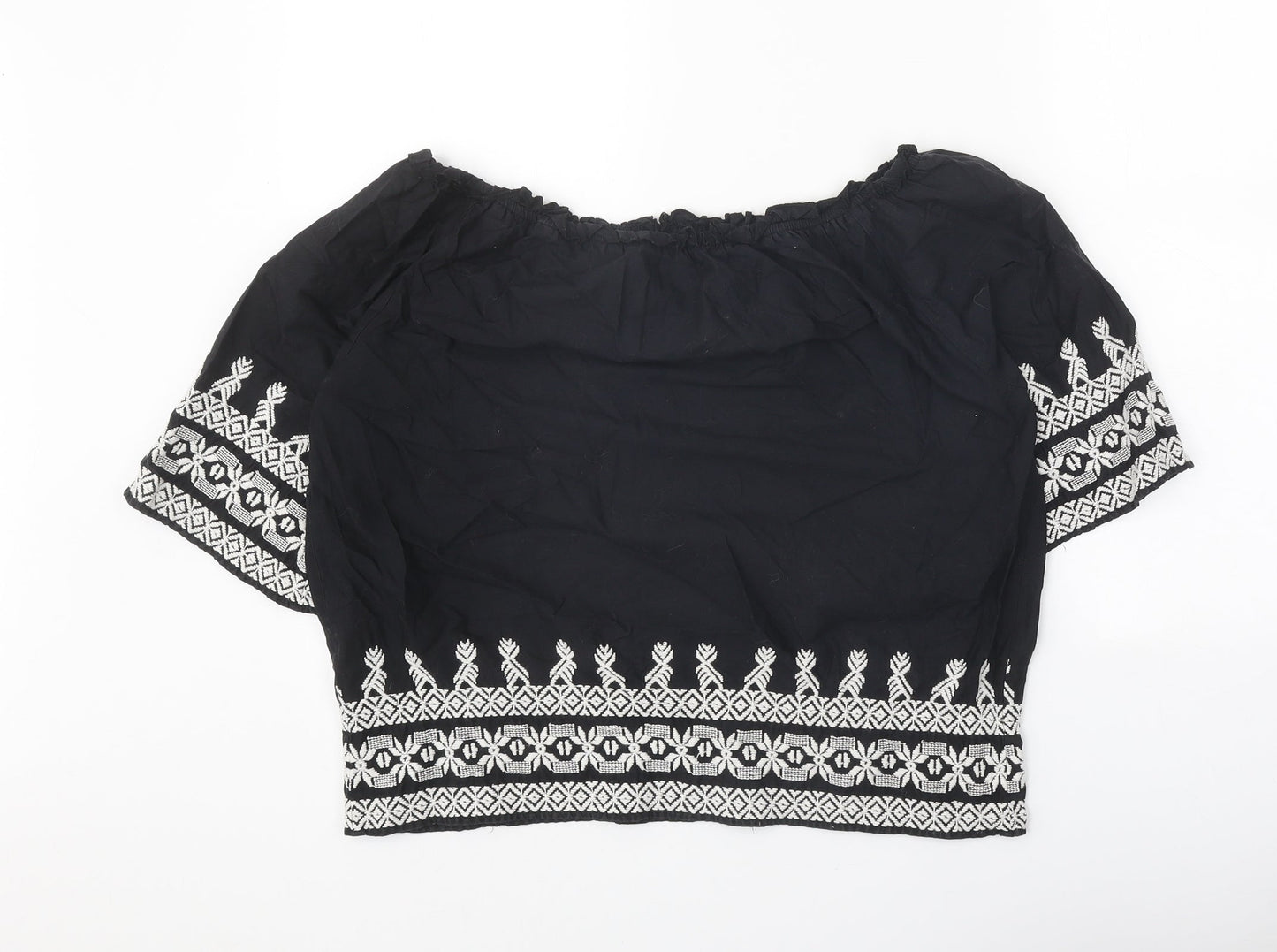 TU Womens Black Geometric 100% Cotton Cropped Blouse Size 12 Off the Shoulder - Bardot