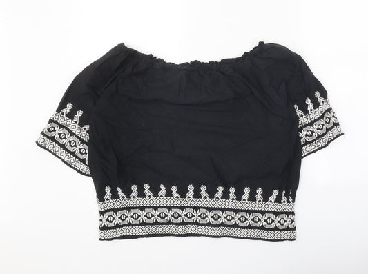 TU Womens Black Geometric 100% Cotton Cropped Blouse Size 12 Off the Shoulder - Bardot