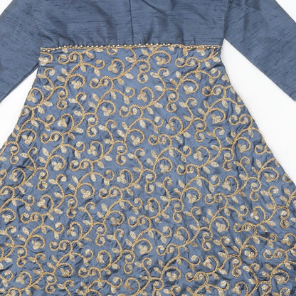 Preworn Womens Blue Geometric Polyester A-Line Size 2 Round Neck Zip