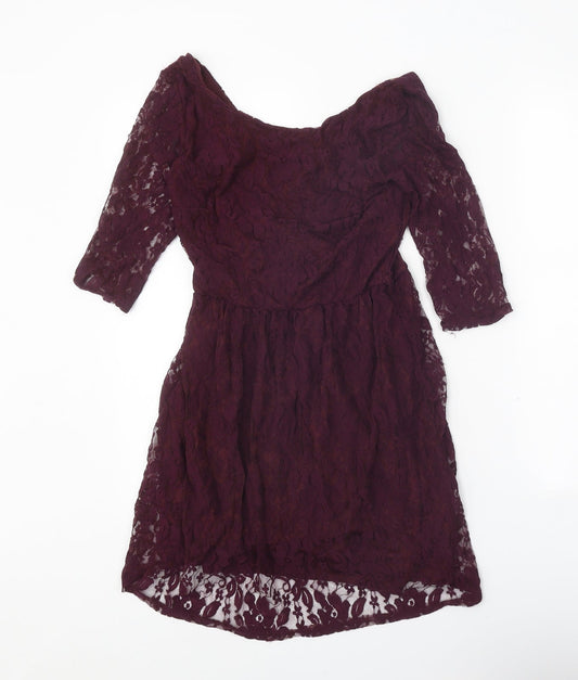 Atmosphere Womens Purple Geometric Nylon A-Line Size 8 Off the Shoulder Pullover