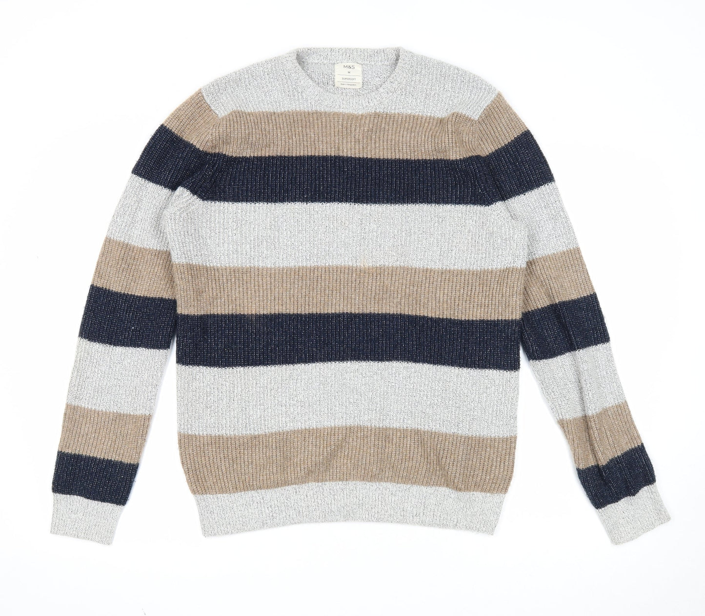Marks and Spencer Mens Multicoloured Round Neck Striped Polyamide Pullover Jumper Size M Long Sleeve