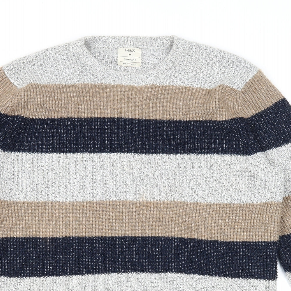 Marks and Spencer Mens Multicoloured Round Neck Striped Polyamide Pullover Jumper Size M Long Sleeve