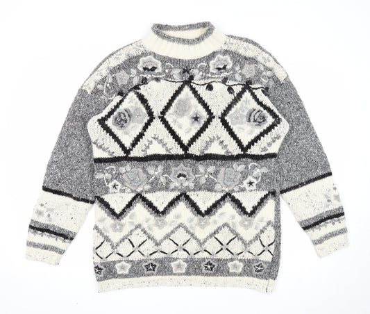 Honey Womens Grey Mock Neck Geometric Acrylic Pullover Jumper Size M