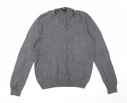 H&M Womens Grey V-Neck Cotton Pullover Jumper Size L