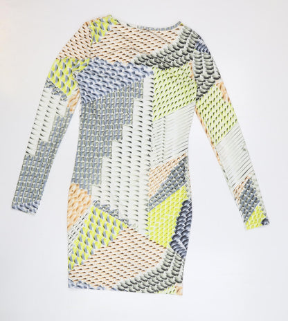 Topshop Womens Multicoloured Geometric Polyester Bodycon Size 10 Round Neck