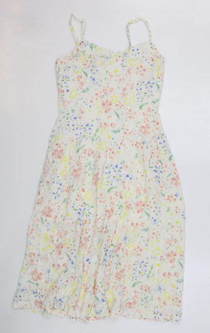 Preworn Womens Beige Floral Polyester Tank Dress Size XS V-Neck Button