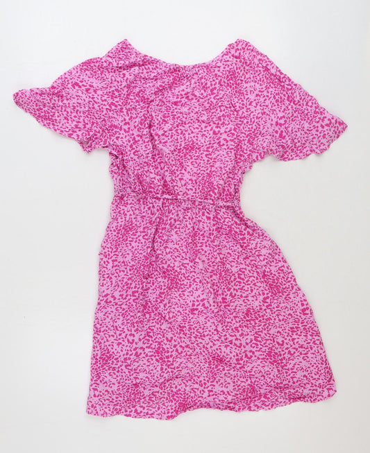 Marks and Spencer Womens Pink Animal Print Polyester A-Line Size 10 Round Neck Pullover - Leopard Pattern