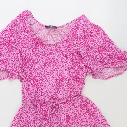 Marks and Spencer Womens Pink Animal Print Polyester A-Line Size 10 Round Neck Pullover - Leopard Pattern