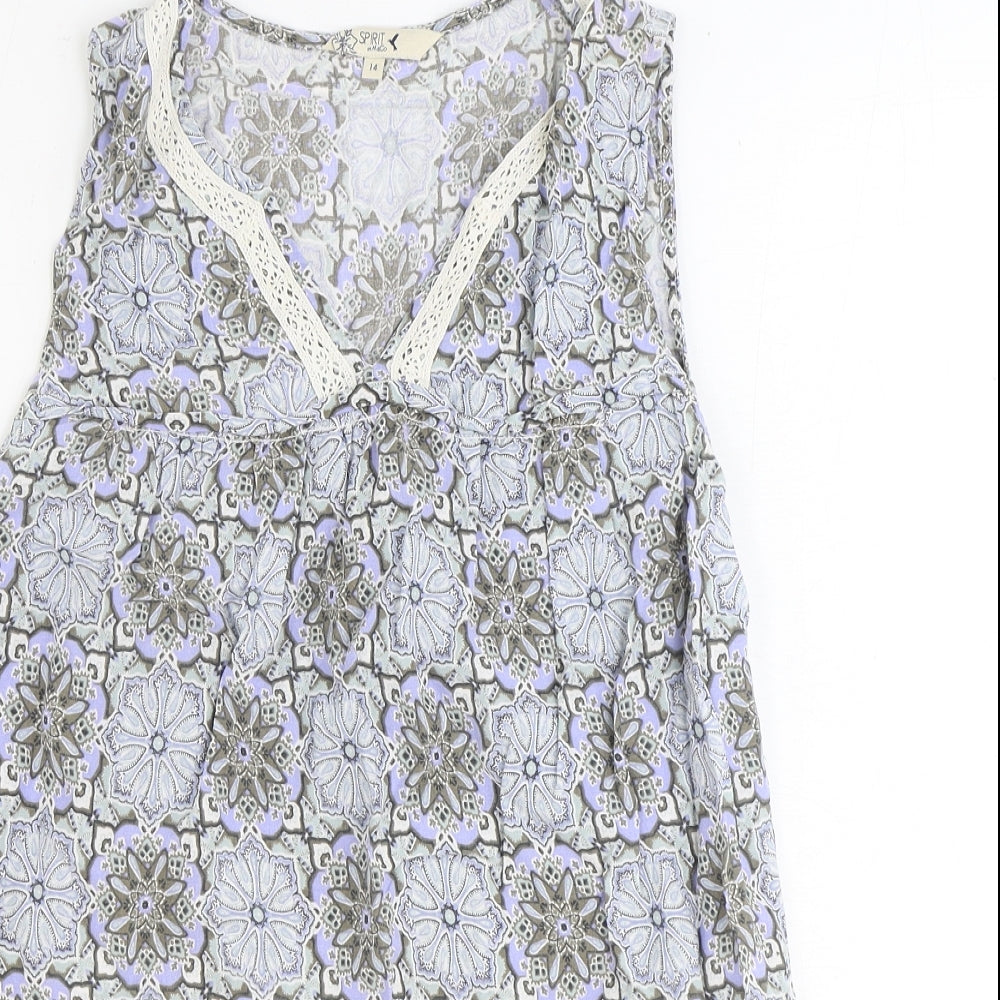 M&Co Womens Blue Geometric Viscose Basic Blouse Size 14 V-Neck