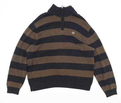 Fred Perry Mens Brown High Neck Striped Cotton Pullover Jumper Size XL Long Sleeve