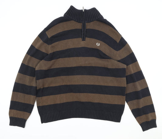 Fred Perry Mens Brown High Neck Striped Cotton Pullover Jumper Size XL Long Sleeve