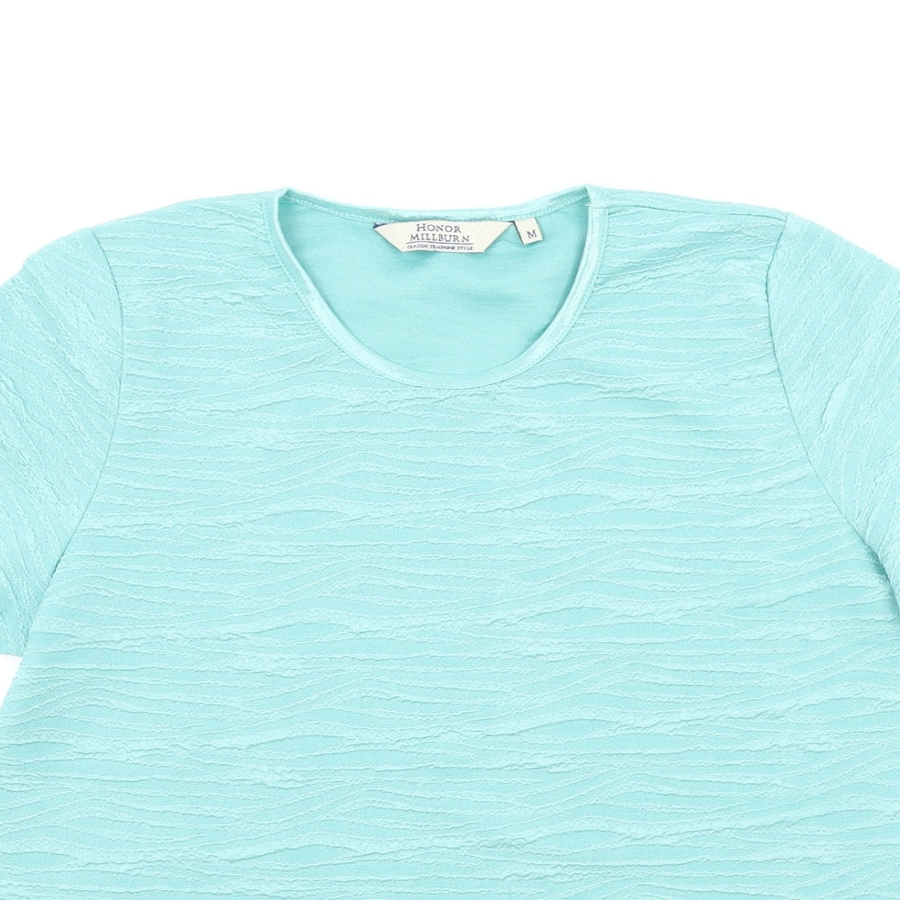 EWM Womens Blue Geometric Polyester Basic T-Shirt Size M Round Neck