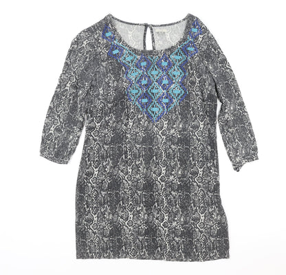 Ecote Womens Grey Animal Print Rayon Shift Size S Round Neck Button - Snake Print