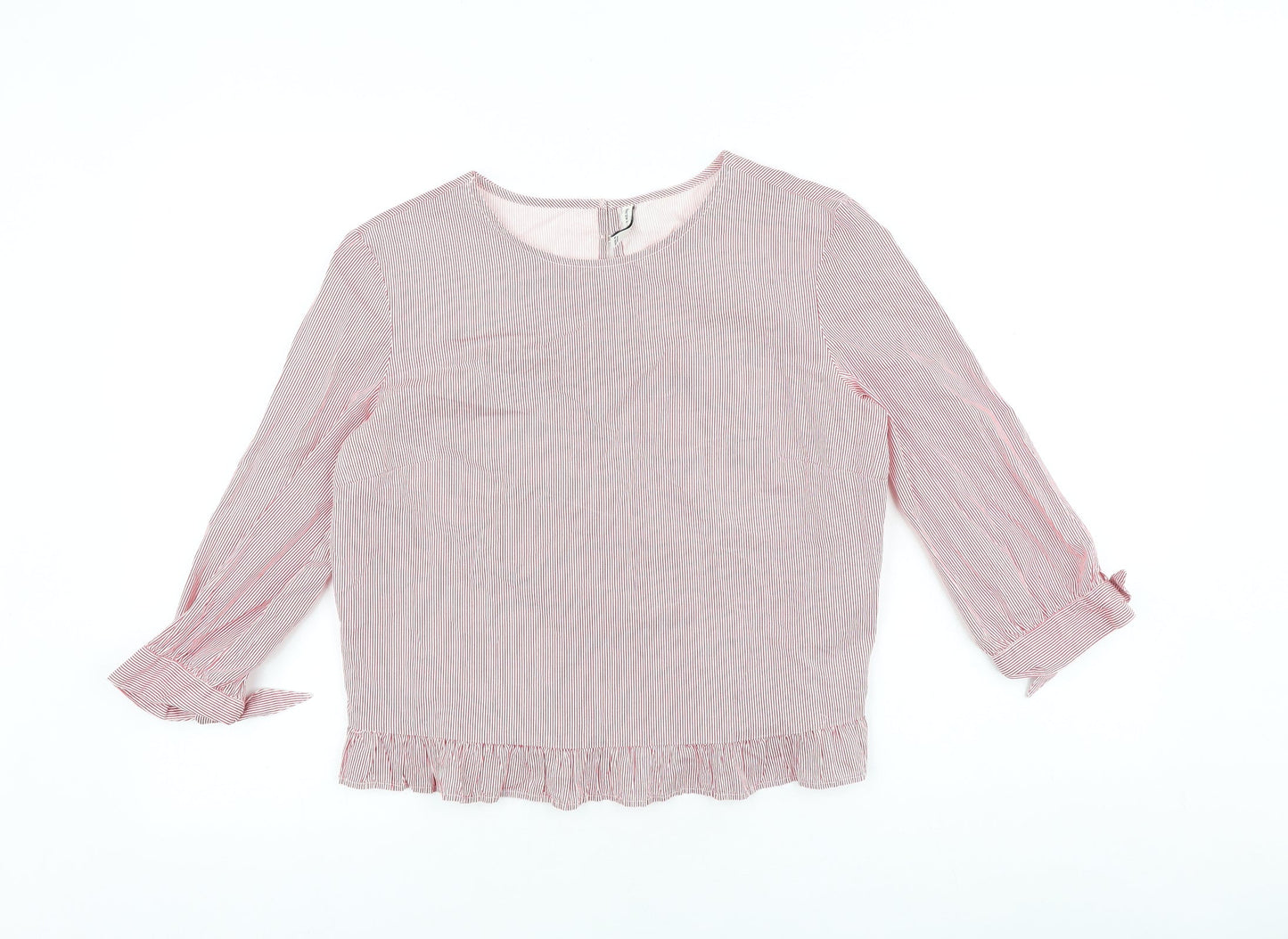 Bershka Womens Red Striped 100% Cotton Basic Blouse Size M Round Neck