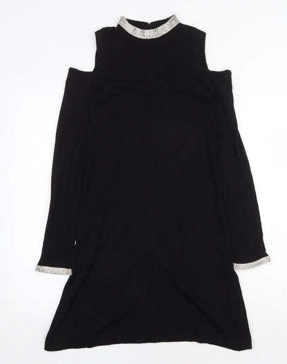 Warehouse Womens Black Viscose Trapeze & Swing Size 6 Round Neck Hook & Eye - Cold Shoulder