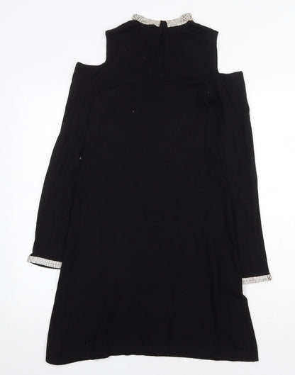 Warehouse Womens Black Viscose Trapeze & Swing Size 6 Round Neck Hook & Eye - Cold Shoulder