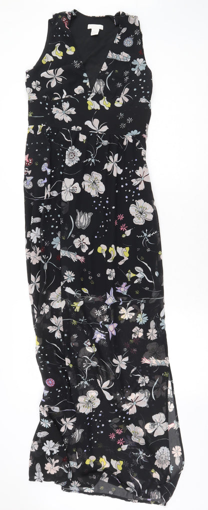 H&M Womens Black Floral Polyester Maxi Size 10 V-Neck Zip