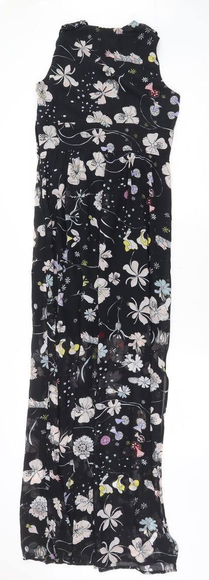 H&M Womens Black Floral Polyester Maxi Size 10 V-Neck Zip