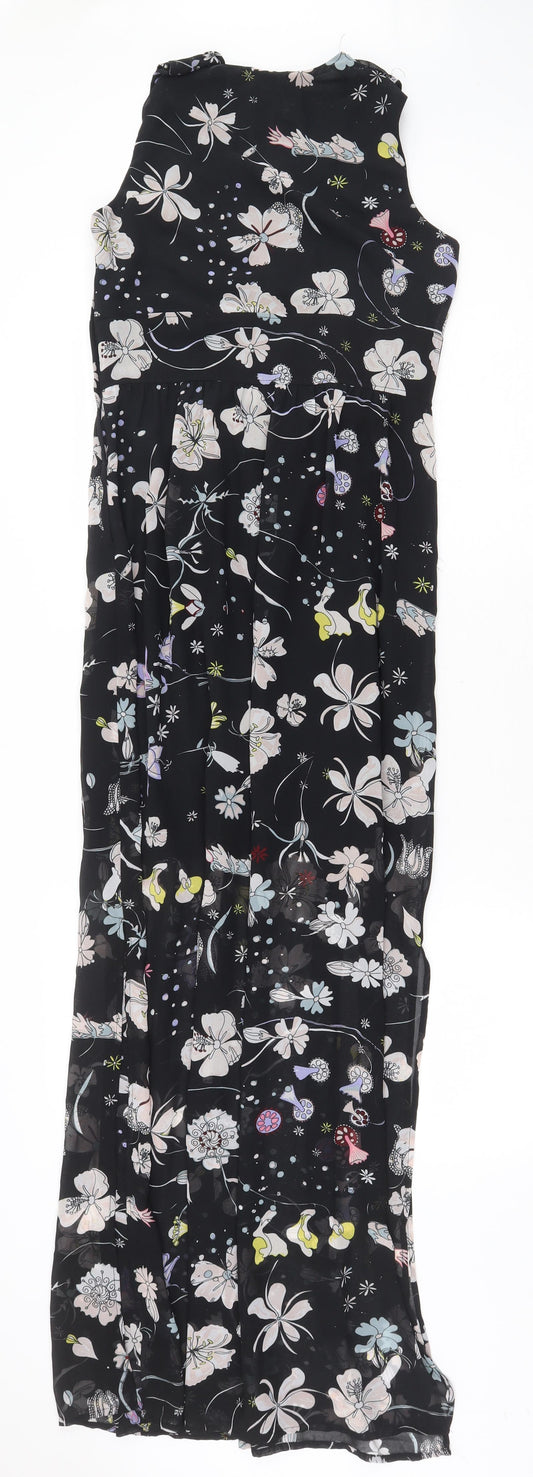 H&M Womens Black Floral Polyester Maxi Size 10 V-Neck Zip