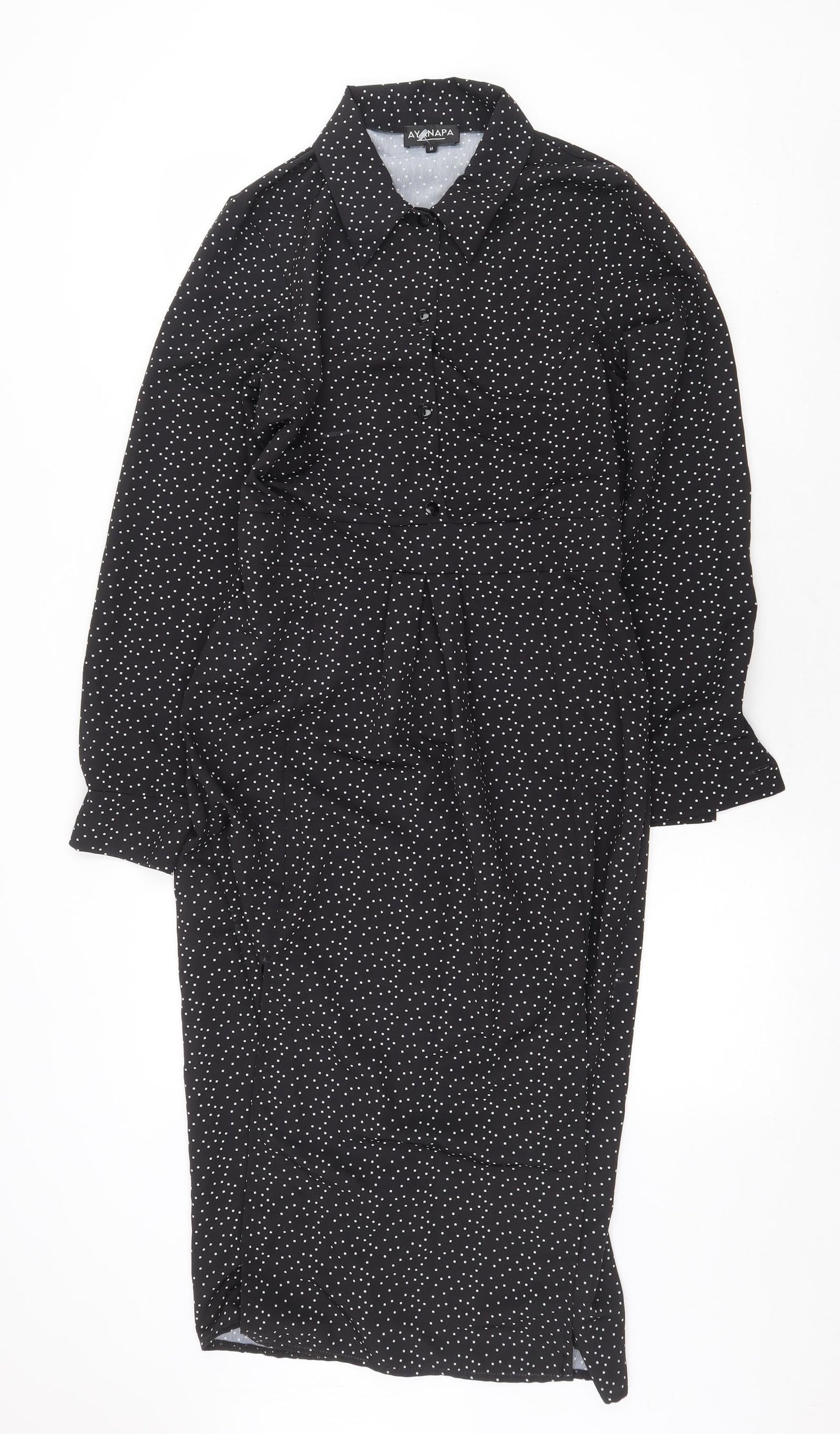 Ayanapa Womens Black Polka Dot Polyester Shirt Dress Size M Collared Button