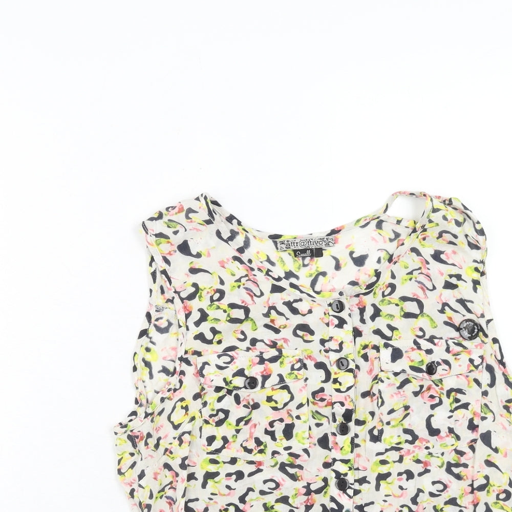attr@ttivo Womens Multicoloured Geometric Viscose Basic Tank Size S V-Neck