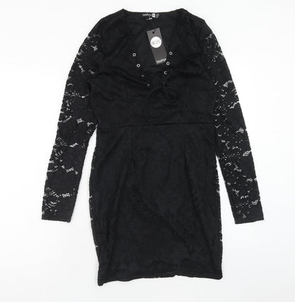 Boohoo Womens Black Polyester Pencil Dress Size 10 V-Neck Pullover