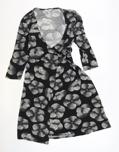 M&Co Womens Black Floral Viscose Wrap Dress Size 8 V-Neck Pullover