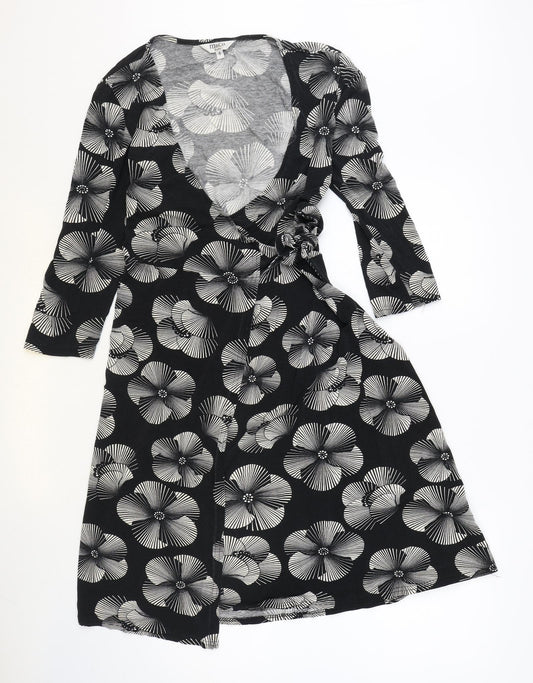 M&Co Womens Black Floral Viscose Wrap Dress Size 8 V-Neck Pullover