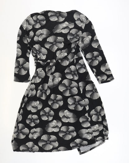 M&Co Womens Black Floral Viscose Wrap Dress Size 8 V-Neck Pullover