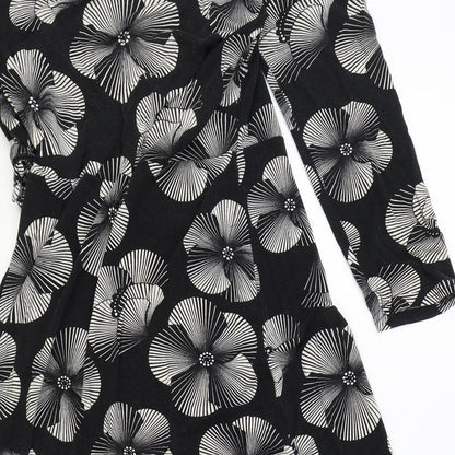 M&Co Womens Black Floral Viscose Wrap Dress Size 8 V-Neck Pullover