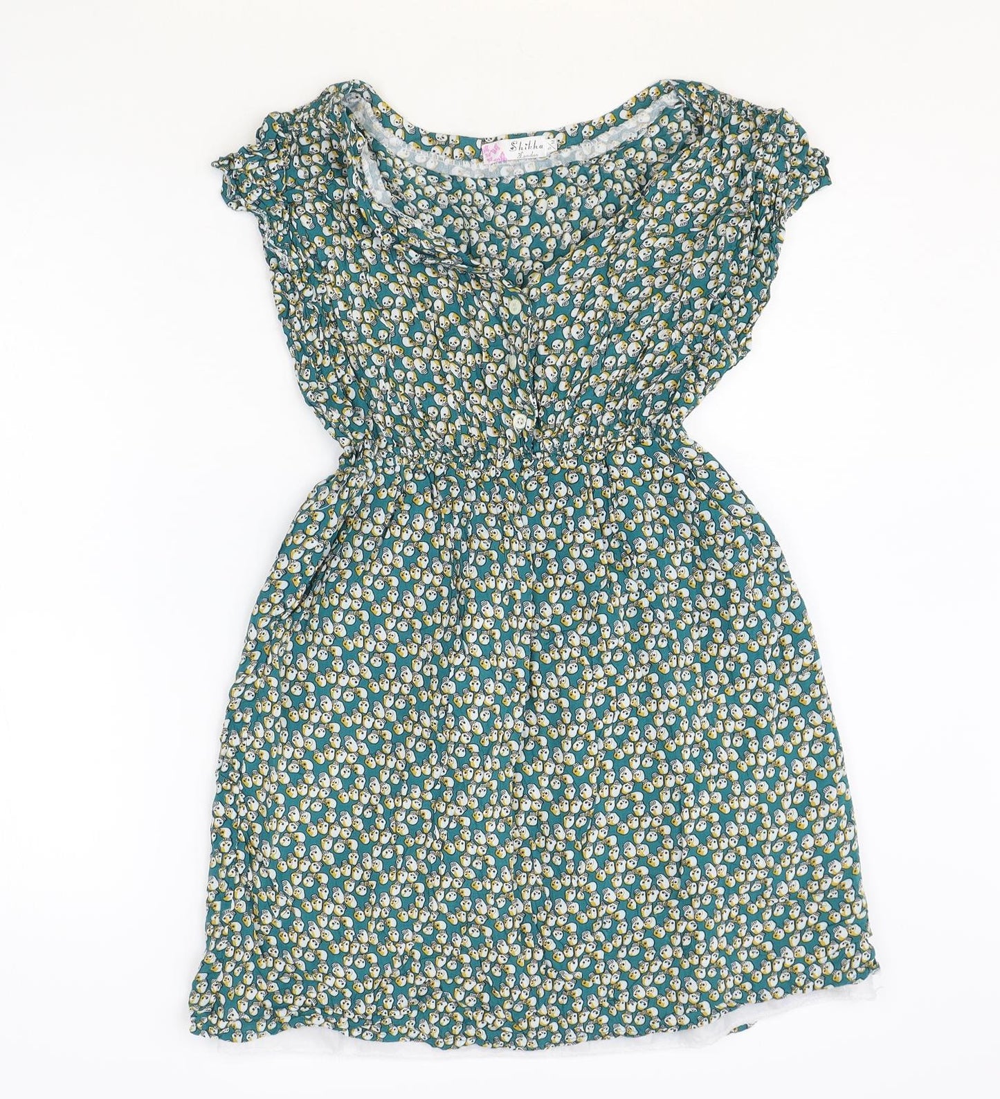 Shikka London Womens Green Geometric Cotton Fit & Flare Size S V-Neck Button - Size S-M
