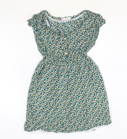 Shikka London Womens Green Geometric Cotton Fit & Flare Size S V-Neck Button - Size S-M