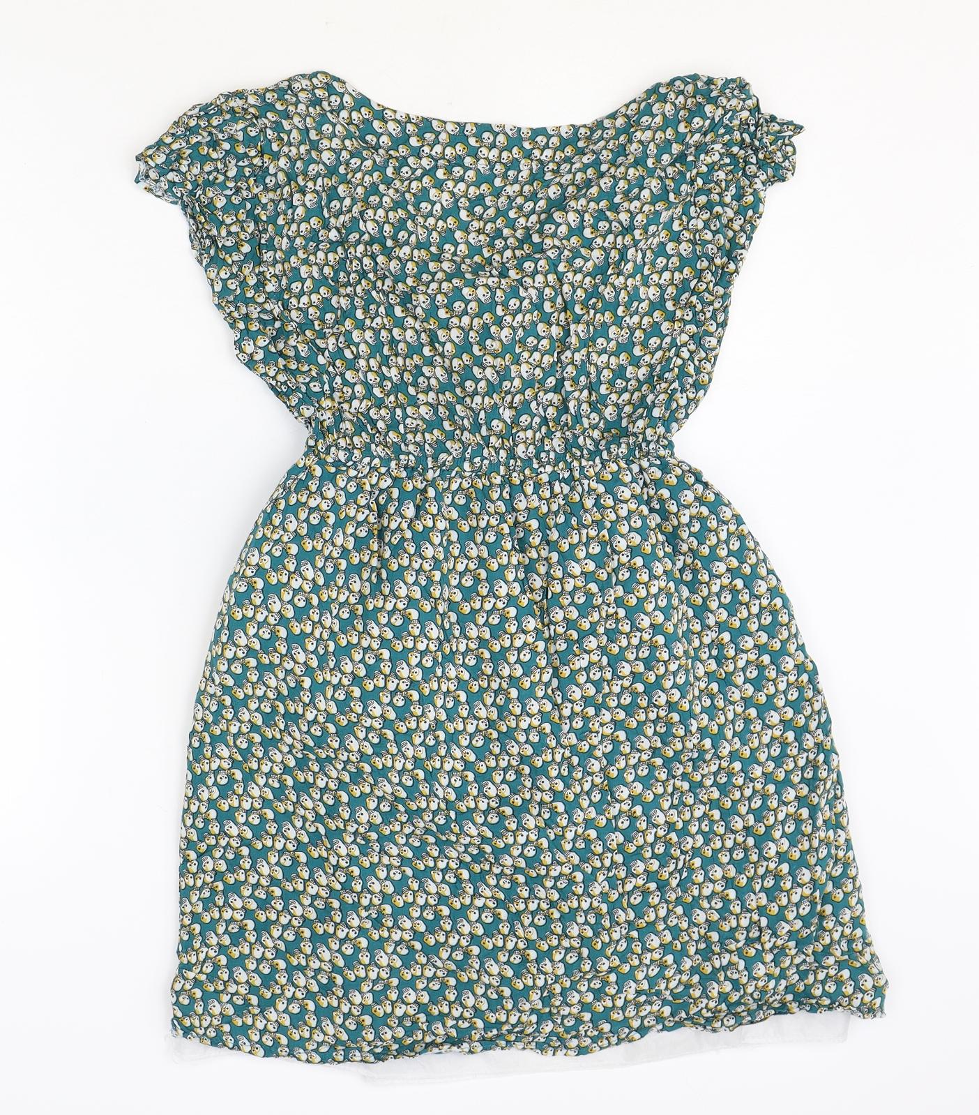 Shikka London Womens Green Geometric Cotton Fit & Flare Size S V-Neck Button - Size S-M
