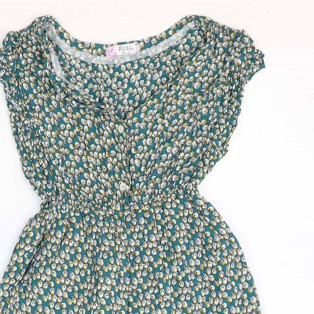 Shikka London Womens Green Geometric Cotton Fit & Flare Size S V-Neck Button - Size S-M