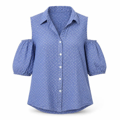 Thilani Womens Beige Polka Dot Polyester Basic Button-Up Size M Collared - Cold Shoulder
